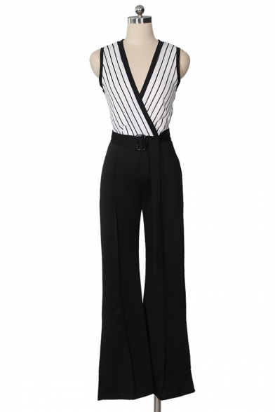 Womens Hot Trendy Stripped Print Sleeveless Plunge V Neck Belt Waist Patch Flare Leg Fitted Jumpsuits