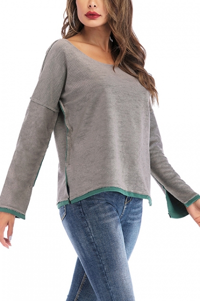 Womens New Stylish Simple Plain Round Neck Long Sleeve Loose Fit Sweatshirt