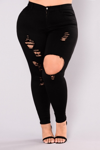 Womens Plus Size Ripped Hole Stretch 