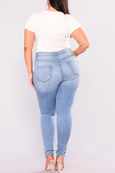 Womens Plus Size Ripped Hole Stretch Fit Skinny Denim Jeans