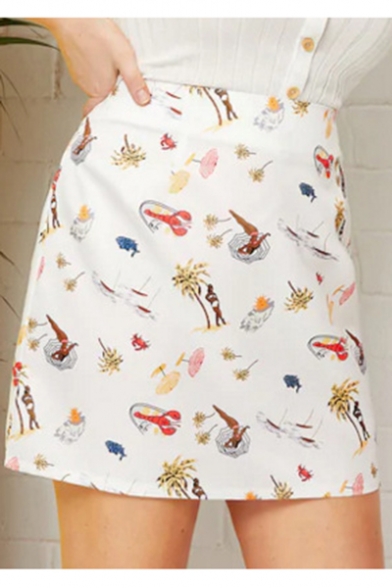 Womens Plus Size Summer Stylish Cartoon Printed White Mini A-Line Skirt