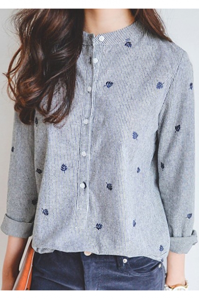 Womens Simple Leaf Embroidery Long Sleeve Button Down Striped Shirt