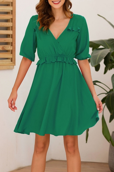 Womens Simple Plain Fashion Ruffled Hem V-Neck Short Sleeve Mini A-Line Dress