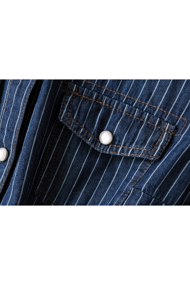 Womens Stylish Dark Blue Striped Printed Long Sleeve Button Down Tied Shirt