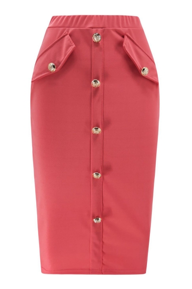 Womens Stylish Simple Plain Fashion Button Down Midi Bodycon Skirt
