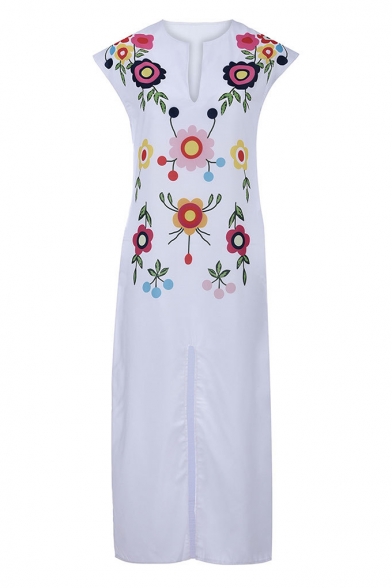 Womens Summer White Fancy Floral Embroidery Sexy Split Front Maxi Sheath Dress