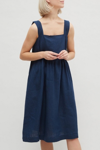 Womens Trendy Simple Plain Sleeveless Button Embellished Back Midi Linen Smock Dress