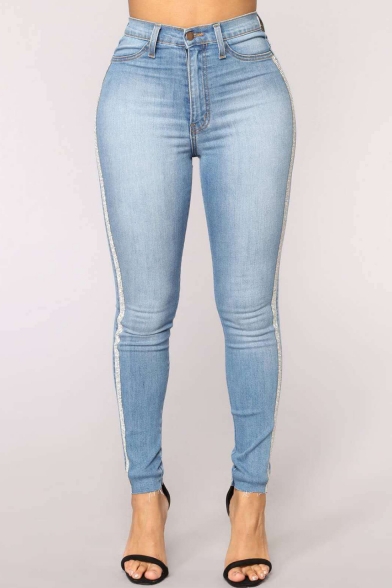 Womens Trendy Tape Patched Side High Waist Skinny Fit Jeans