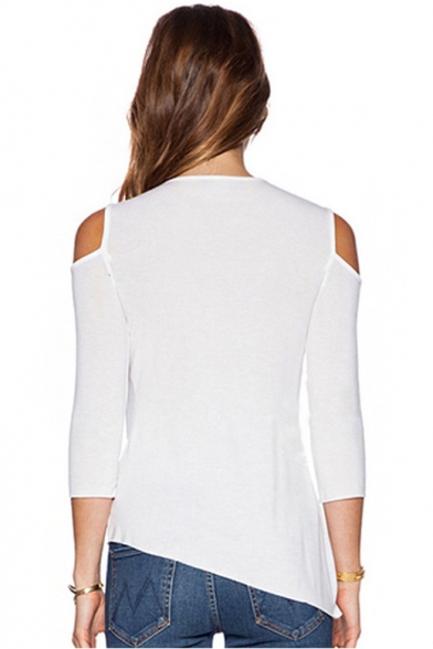 Womens Unique Knotted Cold Shoulder Long Sleeve Plain Asymmetrical T-Shirt