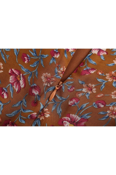 Brown Floral Printed Womens Chiffon Midi Bodycon Ruffled Skirt