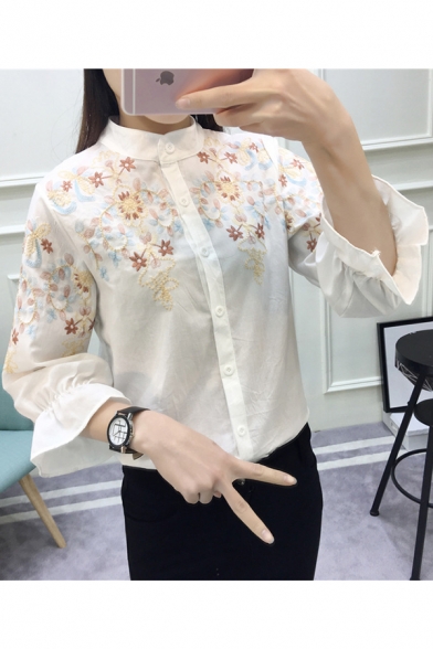 Chic Simple Floral Embroidery Long Sleeve Button Down Casual Shirt Blouse