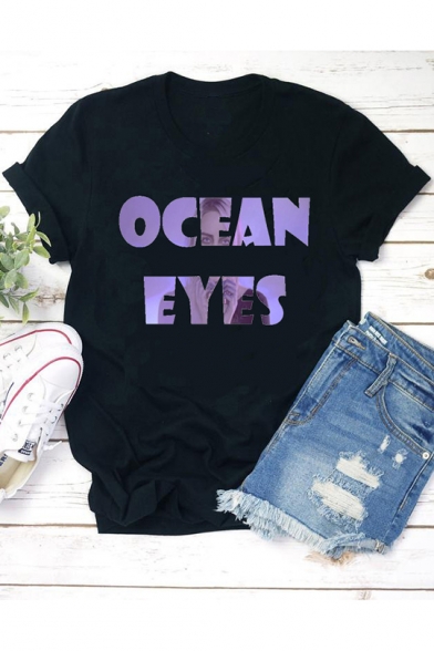 Cool Figure Letter OCEAN EYES Printed Round Neck Short Sleeve Black T-Shirt