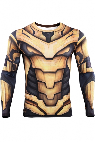 Cool Khaki Cosplay Costume Round Neck Long Sleeve Slim Fitted Sport Training T-Shirt for Men