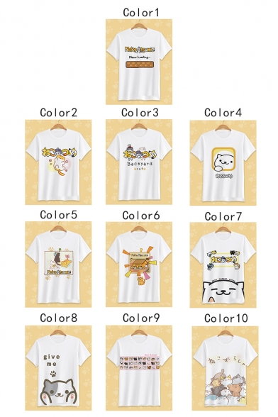 Cute Cartoon Comic Cat Printed Round Neck Short Sleeve Loose Casual White T-Shirt
