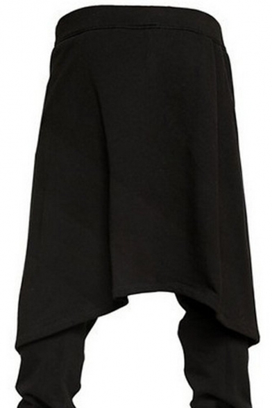 Designer Fashion Plain Patched Drawstring Waist Drop-Crotch Black Joggers Harem Pants