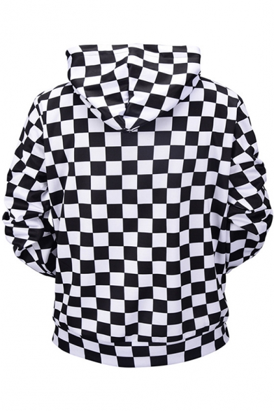 Fashion Black and White Checkerboard Printed Long Sleeve Pullover Hoodie