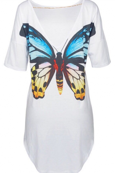 Fashion Cat Butterfly Print V-Back Short Sleeve Casual Loose White Mini T-Shirt Dress