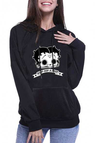 Fashion Halloween Cartoon Boop Doop Print Black Loose Fit Hoodie