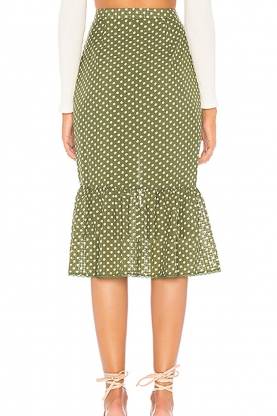 Fashion Summer Polka Dot Button Down Split Ruffle Hem Midi Sweet Skirt for Women