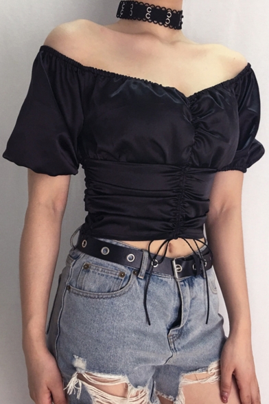 Fashion Womens Hot Sexy Black V-Neck Off Shoulder Short Sleeve Drawstring Ruched Front Crop Black Blouse