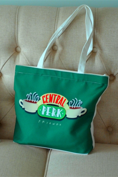 Friends CENTRAL PERK Coffee Cup Printed Vintage Green Canvas Shopping Bag Shoulder Bag 32*40*10cm