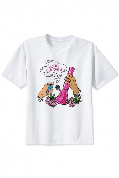 Funny Cartoon Weed Pattern Round Neck Short Sleeve White Casual Tee