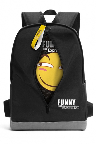 Funny Zipper Face Emoji Cartoon Print Black Students Oxford Backpack 30*16*43cm