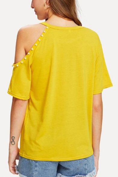 Ginger Yellow Sexy Cold Shoulder Short Sleeve Beading Embellished Relaxed T-Shirt