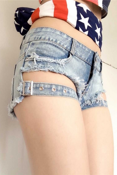 Girls Cool Light Blue Distressed Raw Hem Hollow Out Hot Pants Denim Shorts