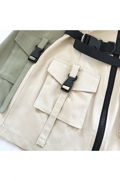 Girls Cool Street Style Buckled Waist Flap Pocket Zipper Front Mini Military A-Line Skirt