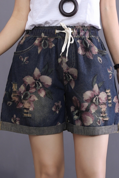 Girls Retro Tribal Floral Print Drawcord Waist Rolled Cuff Casual Denim Shorts