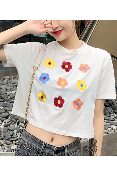 Girls Summer Sweet Floral Printed Basic Round Neck Casual Relaxed Crop Tee