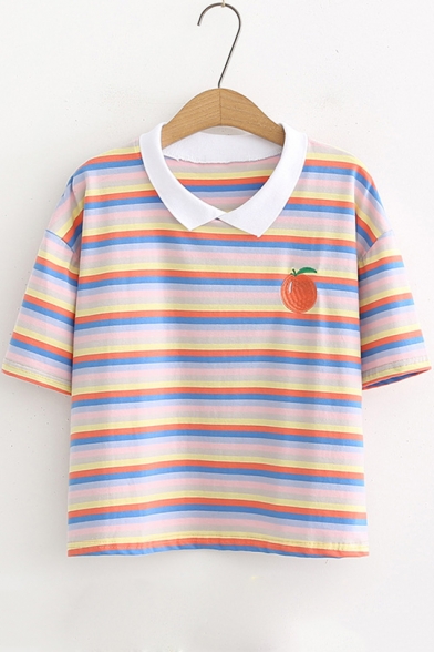 Girls Sweet Embroidery Striped Print Short Sleeve Crop Polo Shirt