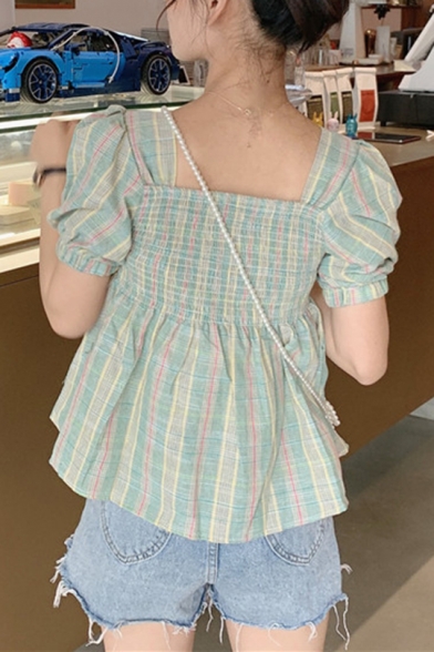 Girls Trendy Plaid Printed Vintage Square Neck Puff Short Sleeve Shirred Fitted Blouse Top
