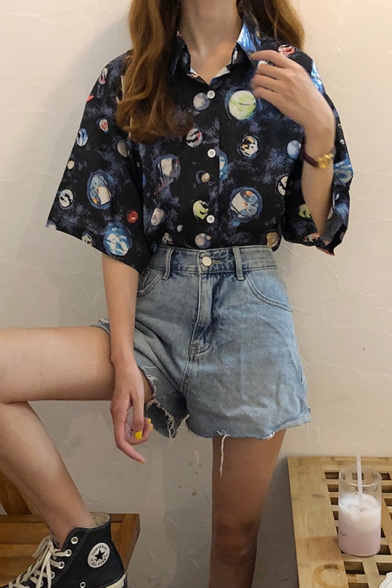 Girls Vintage Planet Pattern Short Sleeve Casual Loose Button Shirt