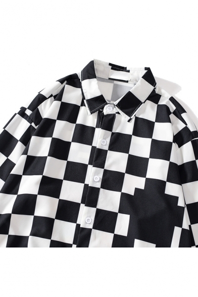 Guys Cool Unique Fish Eye Checkerboard Print Black Relaxed Loose Shirt