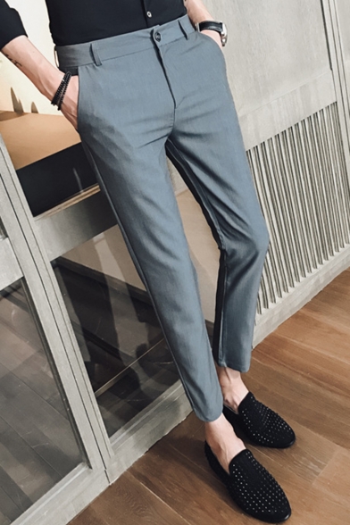 Guys Fashion Simple Plain Straight Tailored Suit Pants Slim Dress Pants