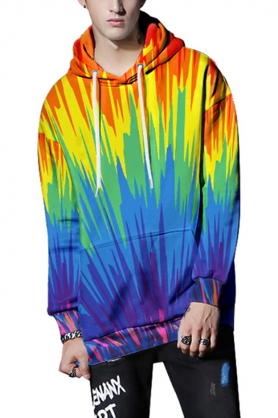 Guys Fashion Trendy Colorful Rainbow 3D Printed Long Sleeve Casual Loose Hoodie