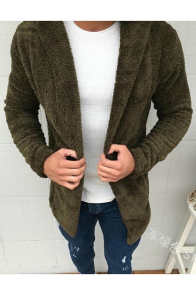 Guys Popular Simple Plain Open Front Hooded Fluffy Fleece Cardigan Coat