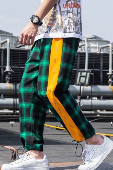 Guys Street Style Trendy Colorblock Plaid Pattern Ribbon Embellished Casual Loose Track Pants