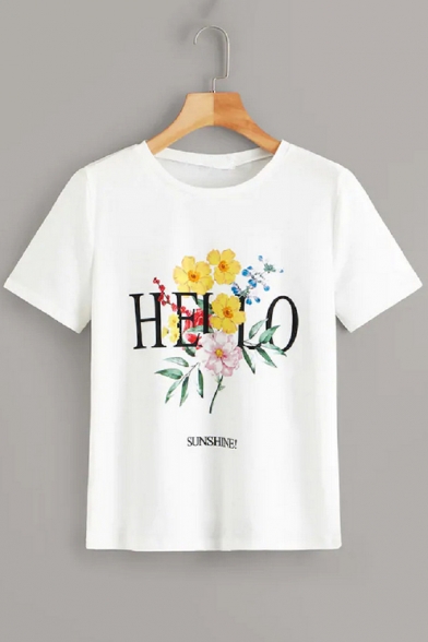 HELLO SUNSHINE Flower Pattern Round Neck Short Sleeve White T-Shirt