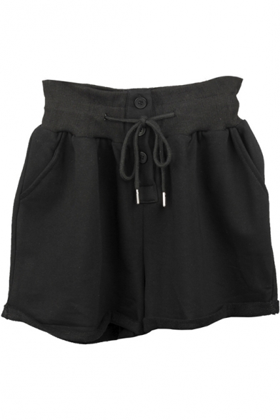 Hot Fashion Plain Drawstring Waist Button-Fly Rolled Cuff Loose Sport Sweat Shorts