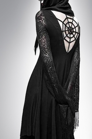 Hot Fashion Womens Cool Black Lace Sleeve Spider Web Cutout Hooded Maxi Asymmetric Dress