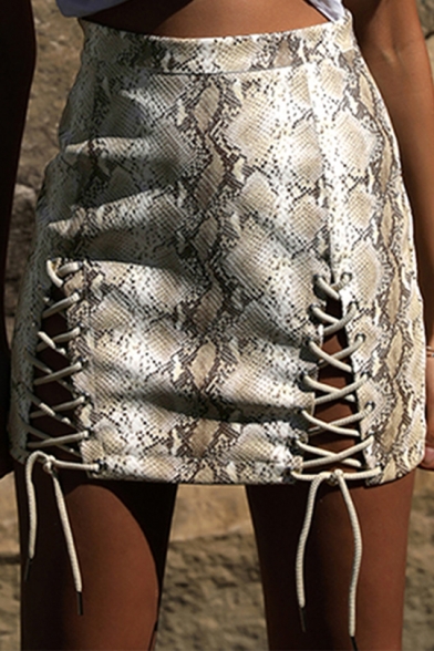 Hot Fashion Womens Snake Print Lace Up Cutout A-Line Mini Skirt