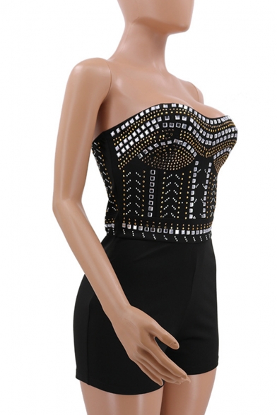 Hot Popular Sexy Hot Drilling Embellished Strapless Sleeveless Skinny Fit Stretch Bustier Rompers