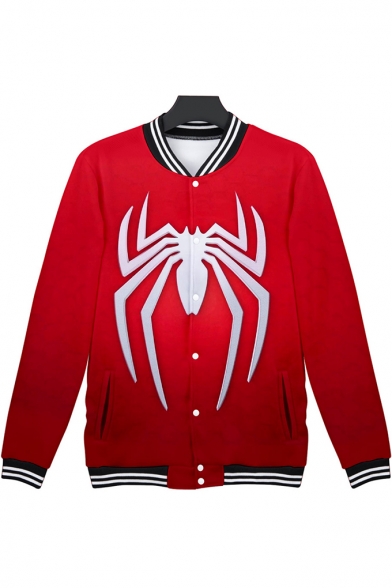 Hot Popular Spider Printed Rib Stand Collar Button Down Red Baseball Jacket