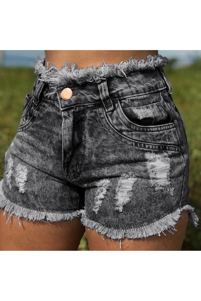 Hot Popular Stylish Washed Distressed Ripped Frayed Hem Slim Denim Shorts