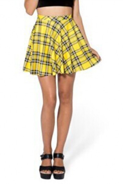Hot Popular Summer Yellow Check Printed High Rise Mini A-Line Skater Skirt