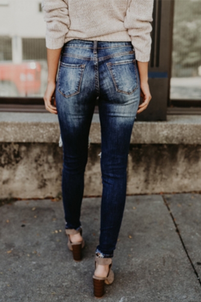 Hot Popular Womens Distressed Ripped Hole Raw Hem Slim Fit Denim Jeans