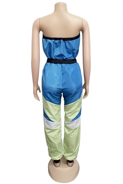 Hot Popular Wonmens Sexy Colorblock Strapless Sleeveless Gather Waist Pocket Embellished Bustier Jumpsuits